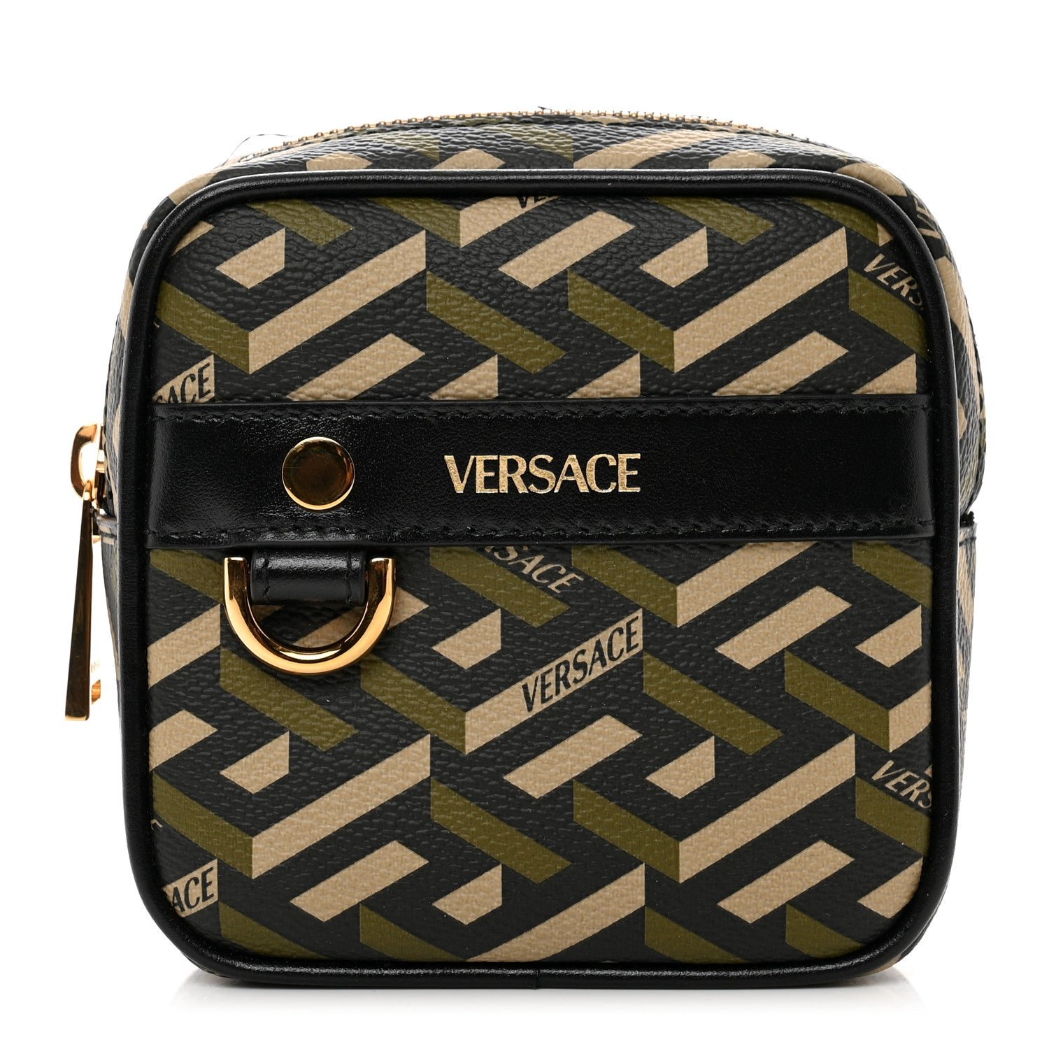 Versace Coated Canvas Calfskin La Greca Square Zip Pouch Black Khaki