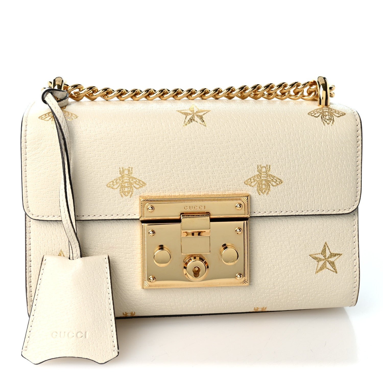Gucci Grained Calfskin Bee Star Small Padlock Shoulder Bag White