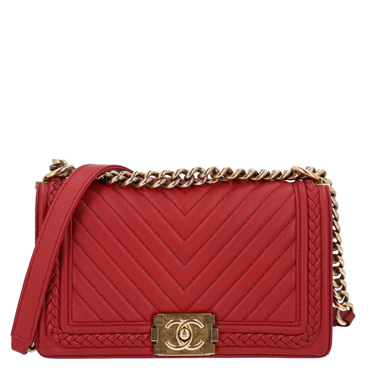Chanel Caviar Chevron Quilted Braided Medium Boy Flap Red