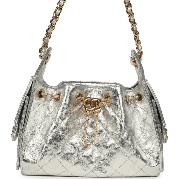 Chanel Mini 25 Hobo Bag Metallic Silver Caviar Gold Hardware