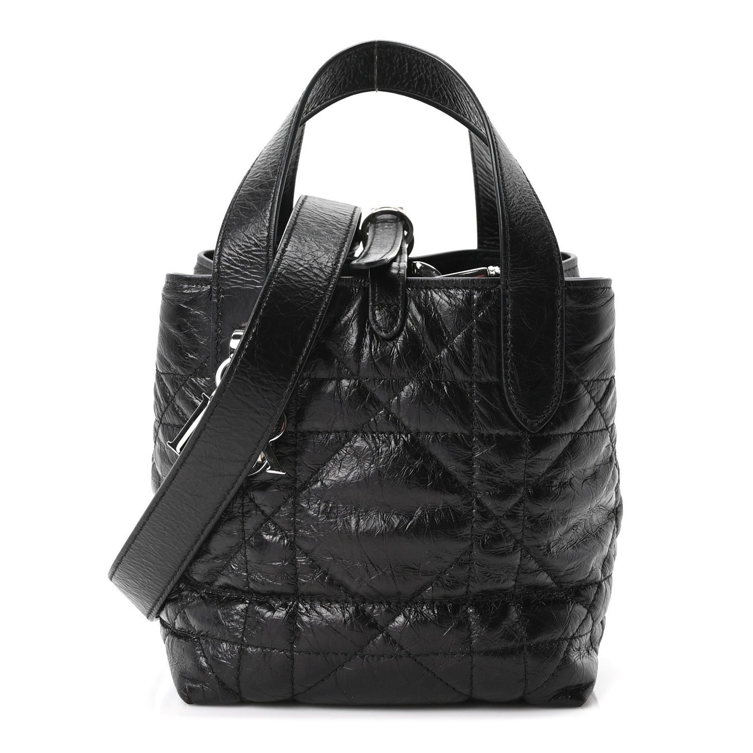 Christian Dior Crinkled Calfskin Macrocannage Small Toujours Vertical Tote Black