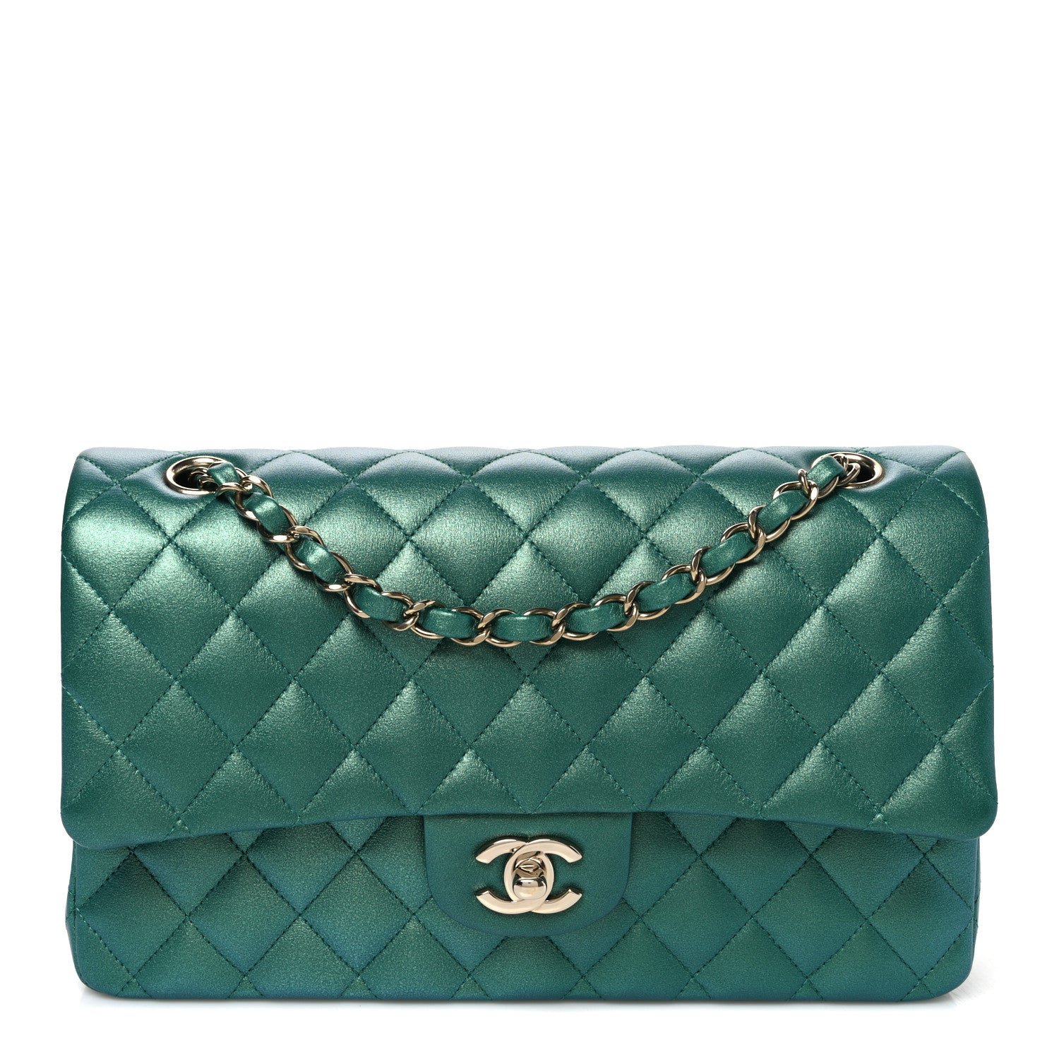 Chanel Iridescent Calfskin Quilted Medium Double Flap Green