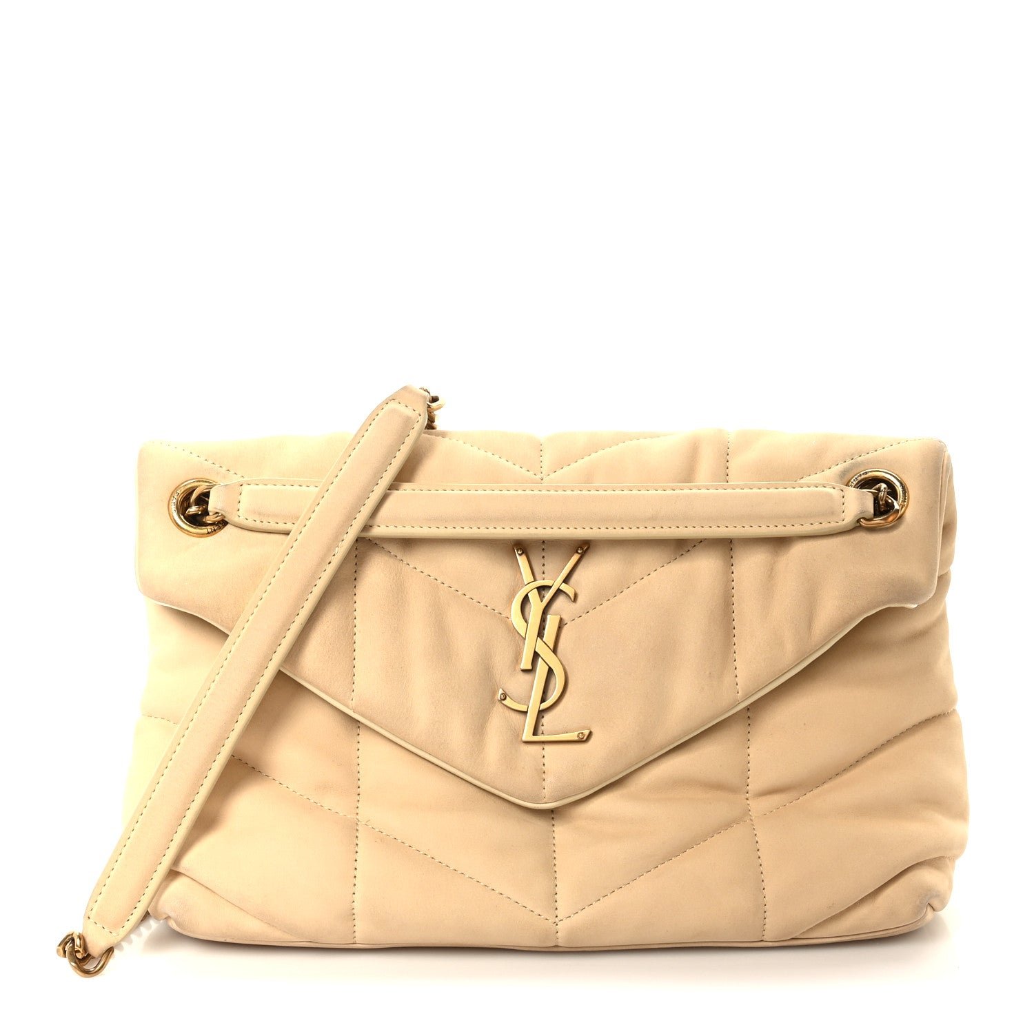 Saint Laurent Nubuck Suede Quilted Small Loulou Puffer Monogram Chain Satchel Beige