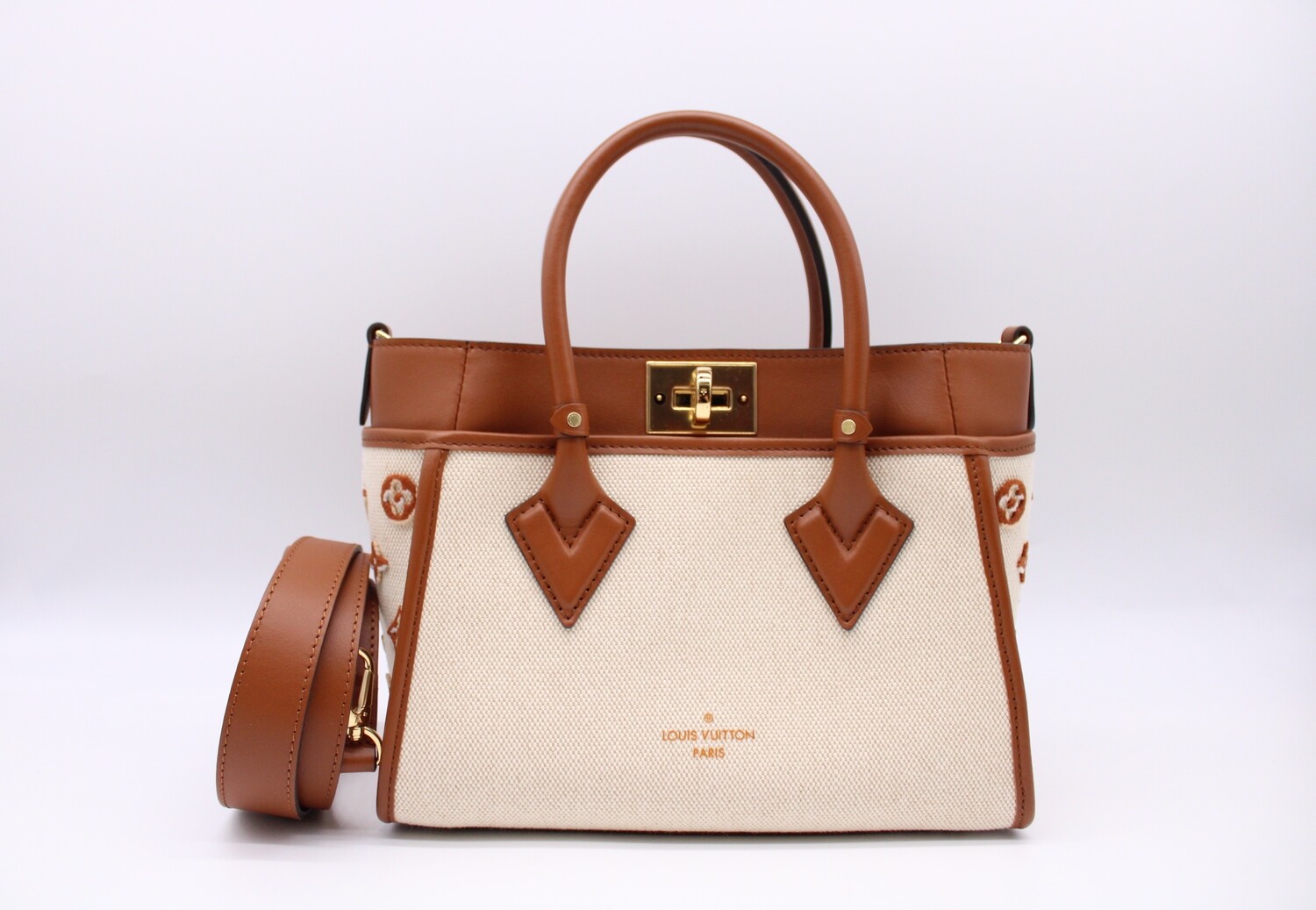 Louis Vuitton Louis Vuitton On My Side PM, White Canvas and Caramel Leather Trim, Preowned in Box MA001