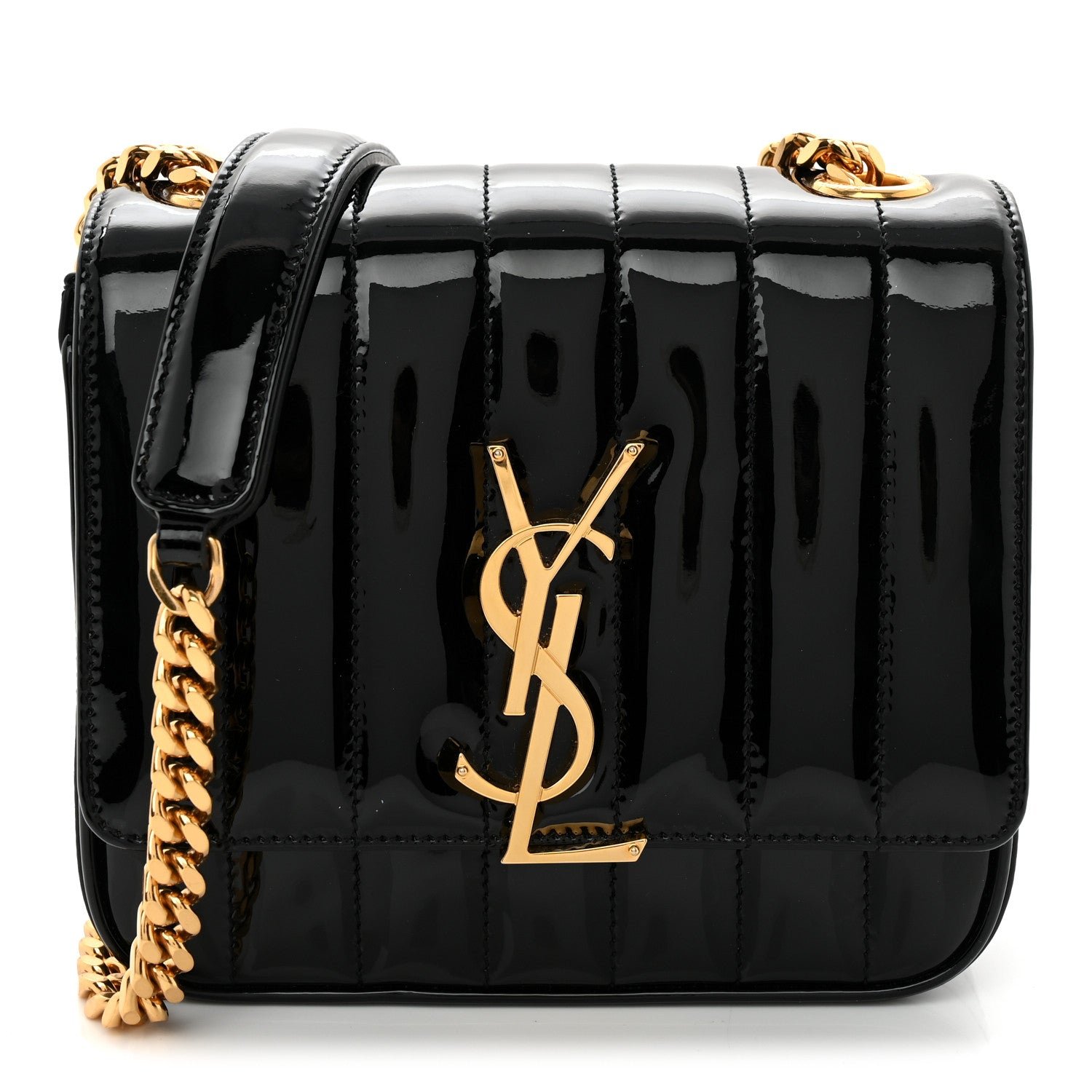 Saint Laurent Patent Calfskin Matelasse Monogram Small Vicky Chain Bag Black