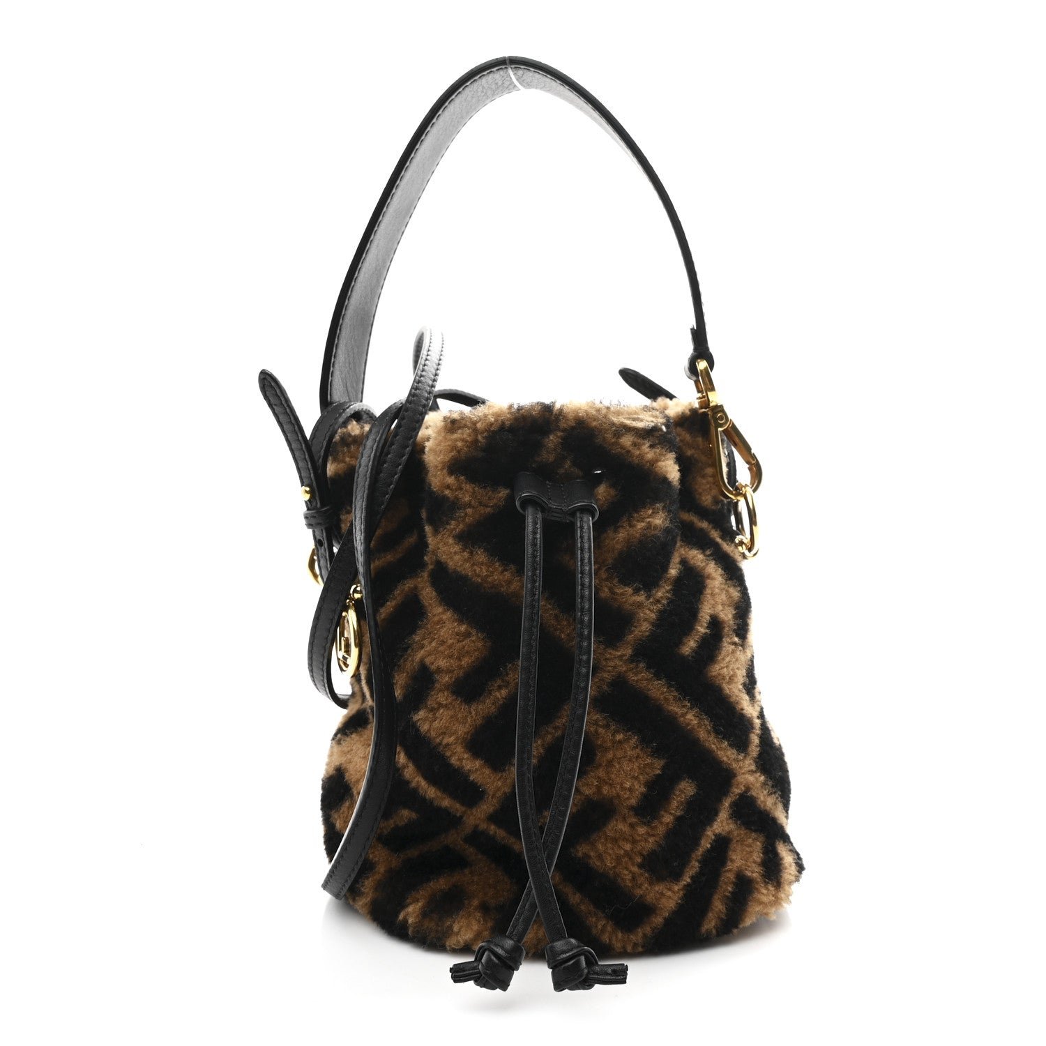 Fendi Fendi Shearling Vitello Dolce F is Fendi Macro FF 1974 Mini Mon Tresor Bucket Bag Tobacco Black