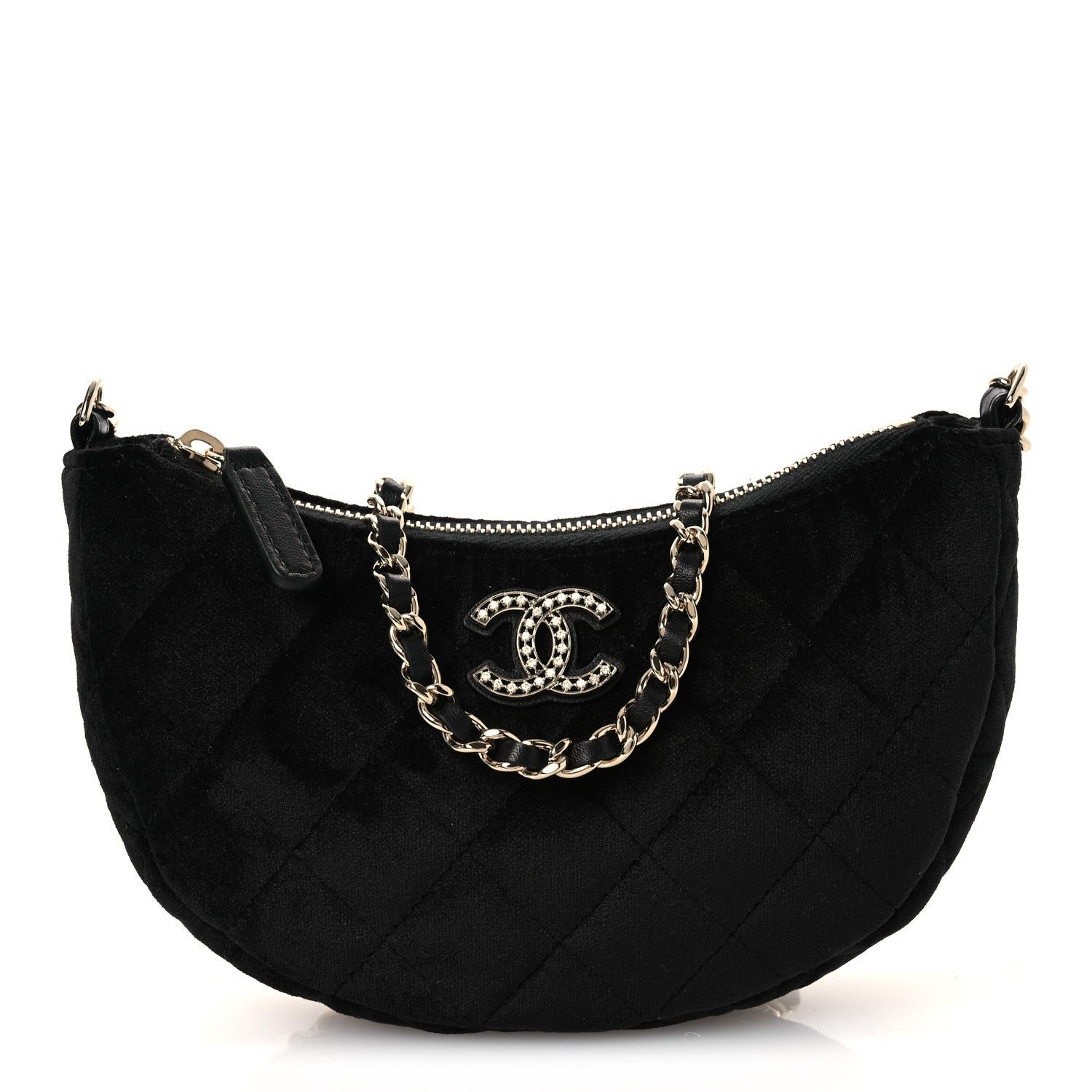Chanel Velvet Crystal Quilted Chain Hobo Black