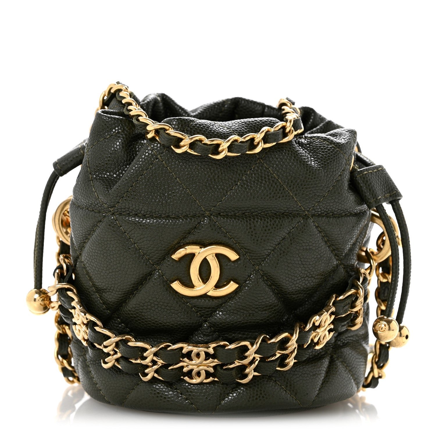 Chanel Caviar Quilted Coco First Bucket Clutch With Chain Khaki