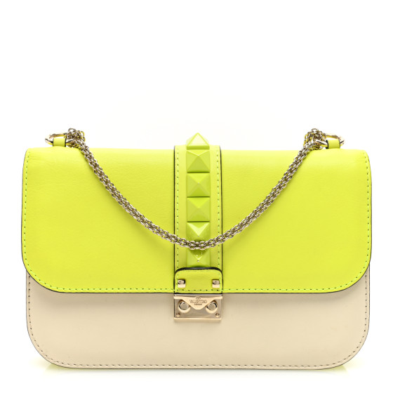 Valentino Garavani Vitello Medium Glam Lock Rockstud Flap Yellow Fluo Light Ivory