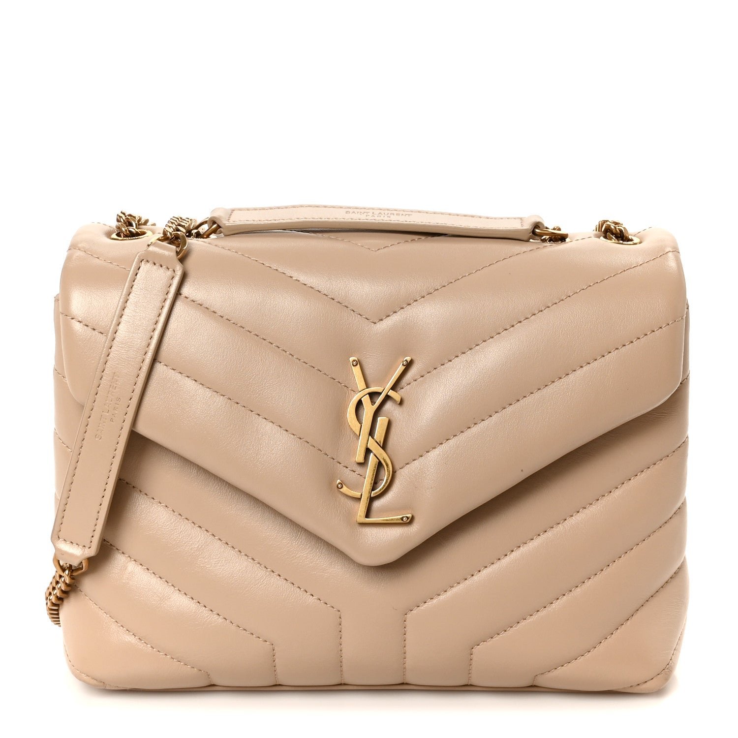 Saint Laurent Calfskin Y Quilted Monogram Small Loulou Chain Satchel Dark Beige