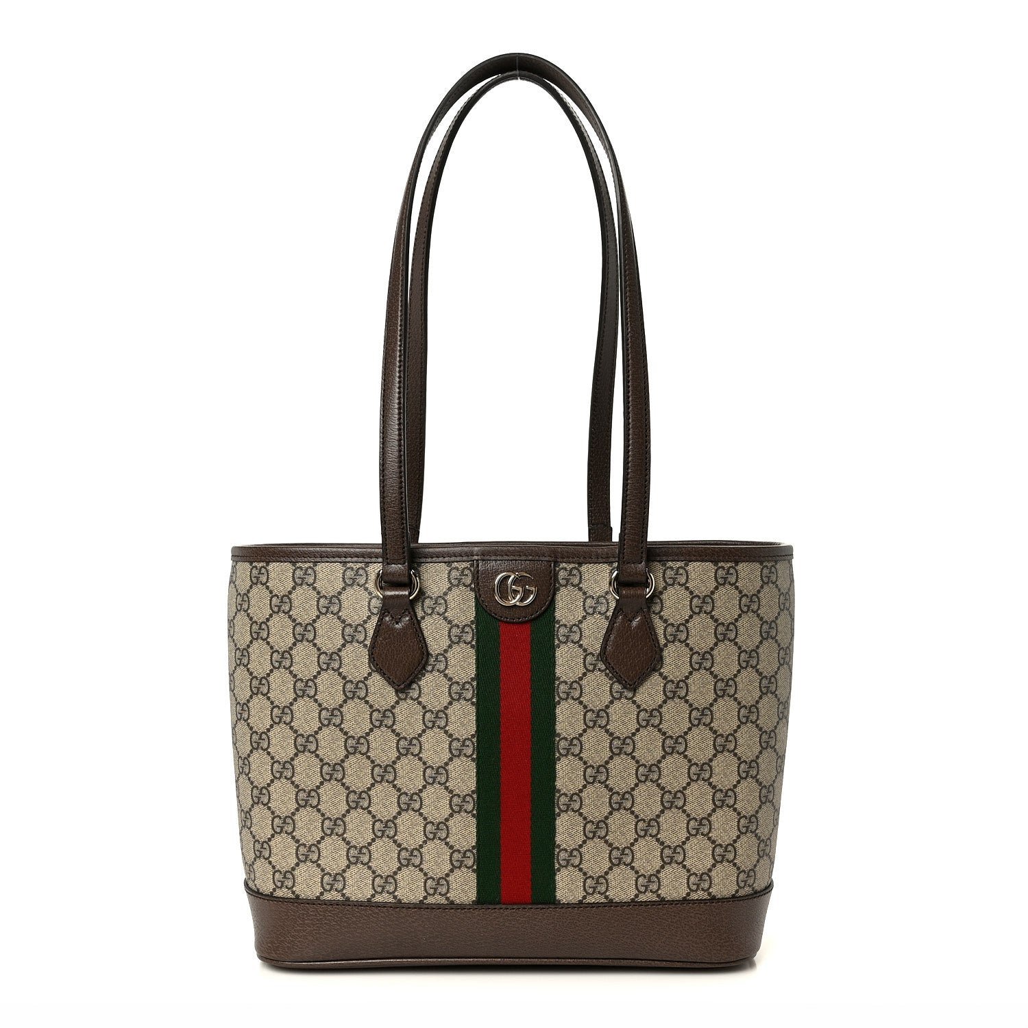 Gucci GG Supreme Monogram Textured Calfskin Web Small Ophidia Shoulder Tote Bag Beige Ebony New Acero
