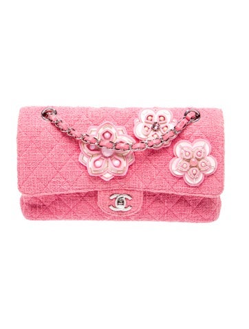 Medium Tweed Flower Embellished Classic Double Flap