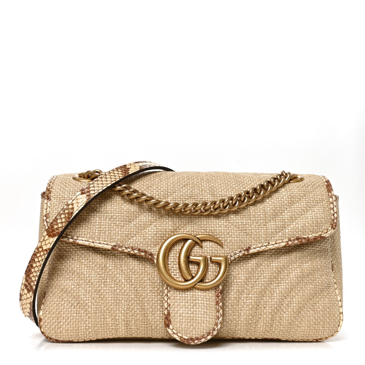 Gucci Raffia Elaphe Matelasse Small GG Marmont Shoulder Bag Natural Cream Brown
