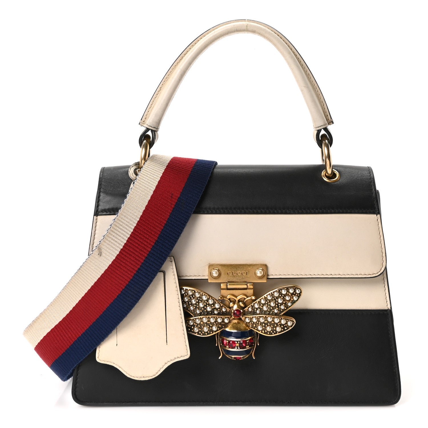 Gucci Calfskin Sylvie Web Small Queen Margaret Top Handle Bag Black White