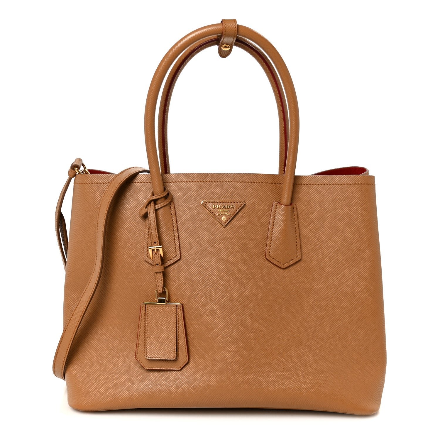 Prada Saffiano Cuir Large Double Bag Caramel Fuoco