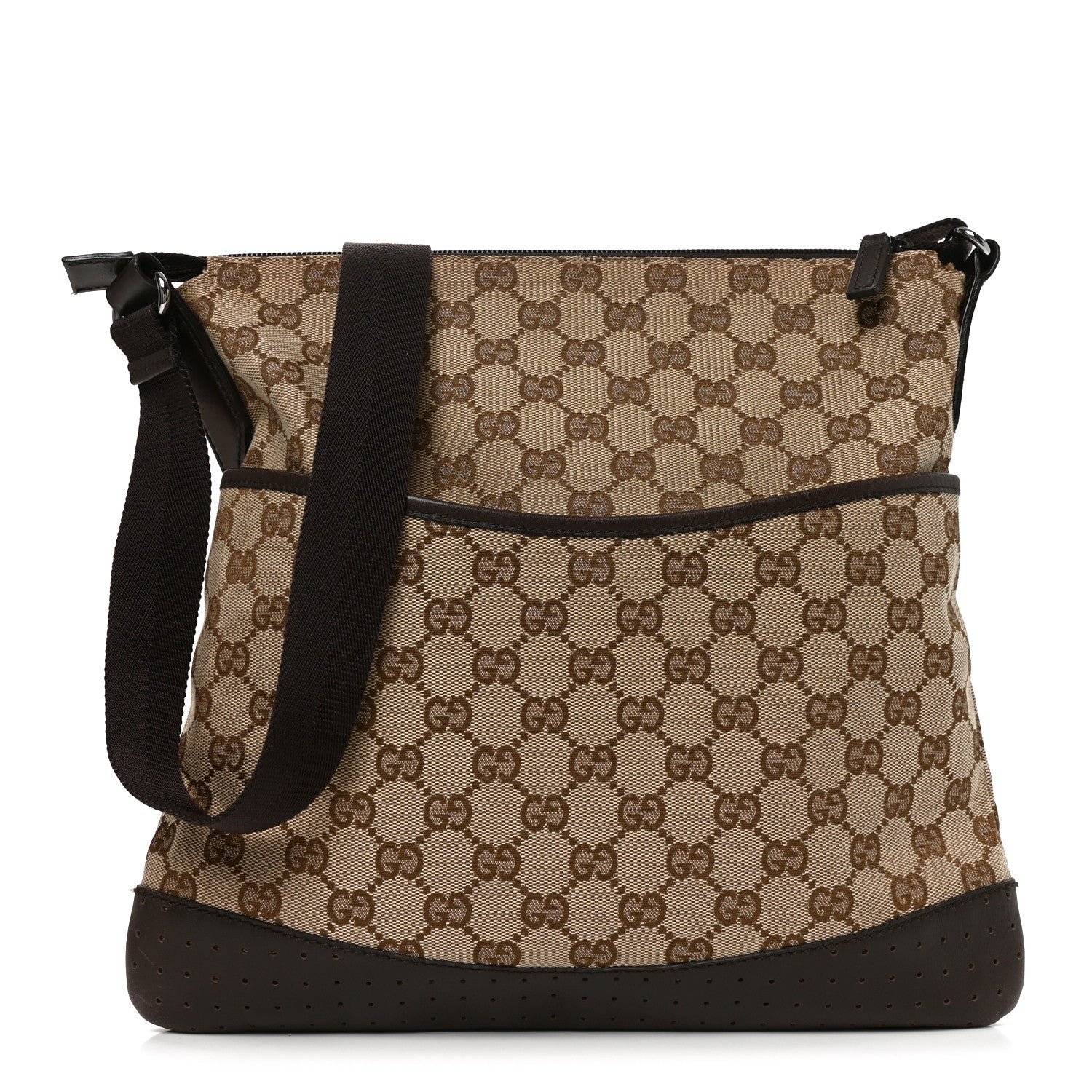 Gucci Monogram Calfskin Perforated Medium Flat Messenger Bag Dark Brown