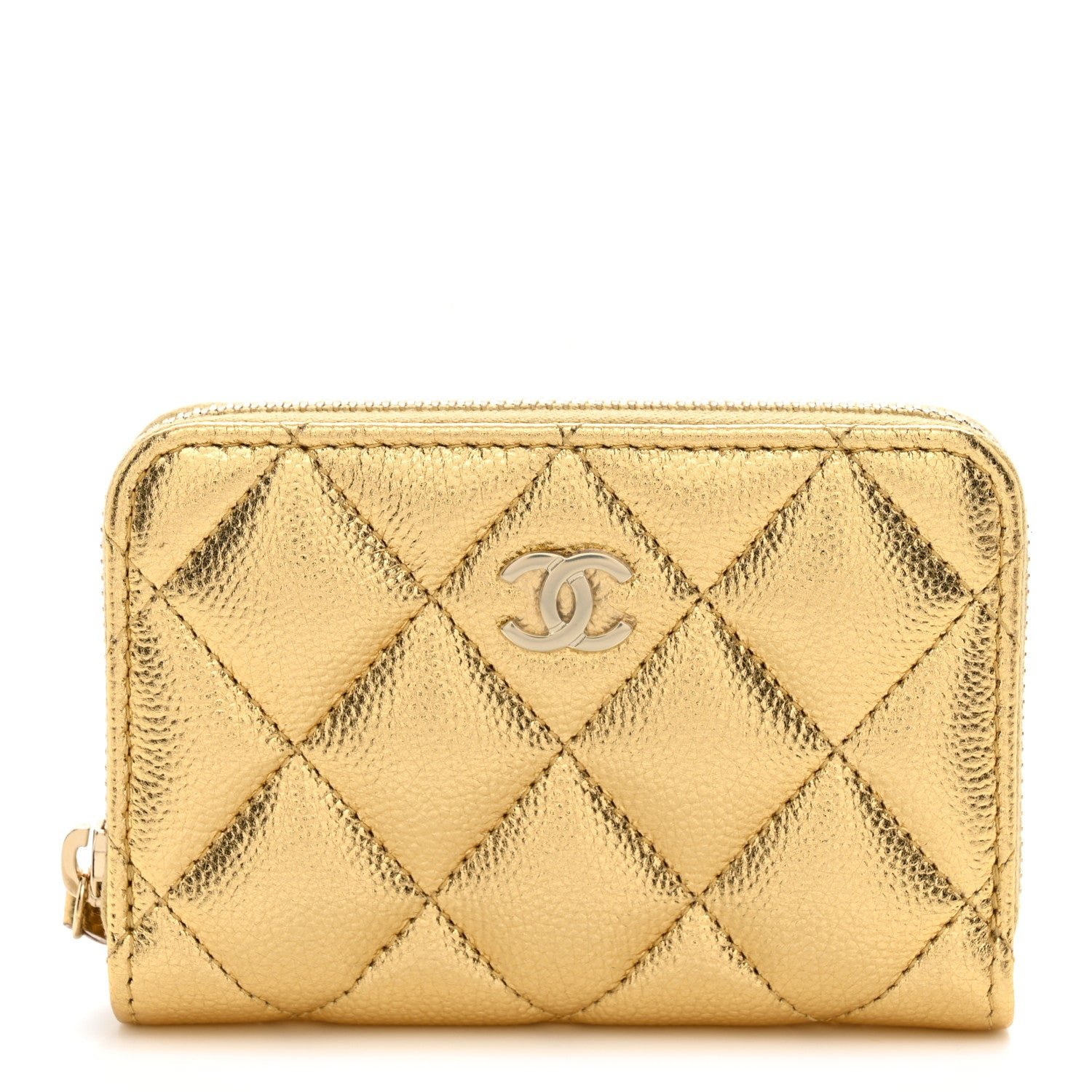 Chanel Metallic Caviar Quilted Zip Around Coin Purse Wallet  Gold