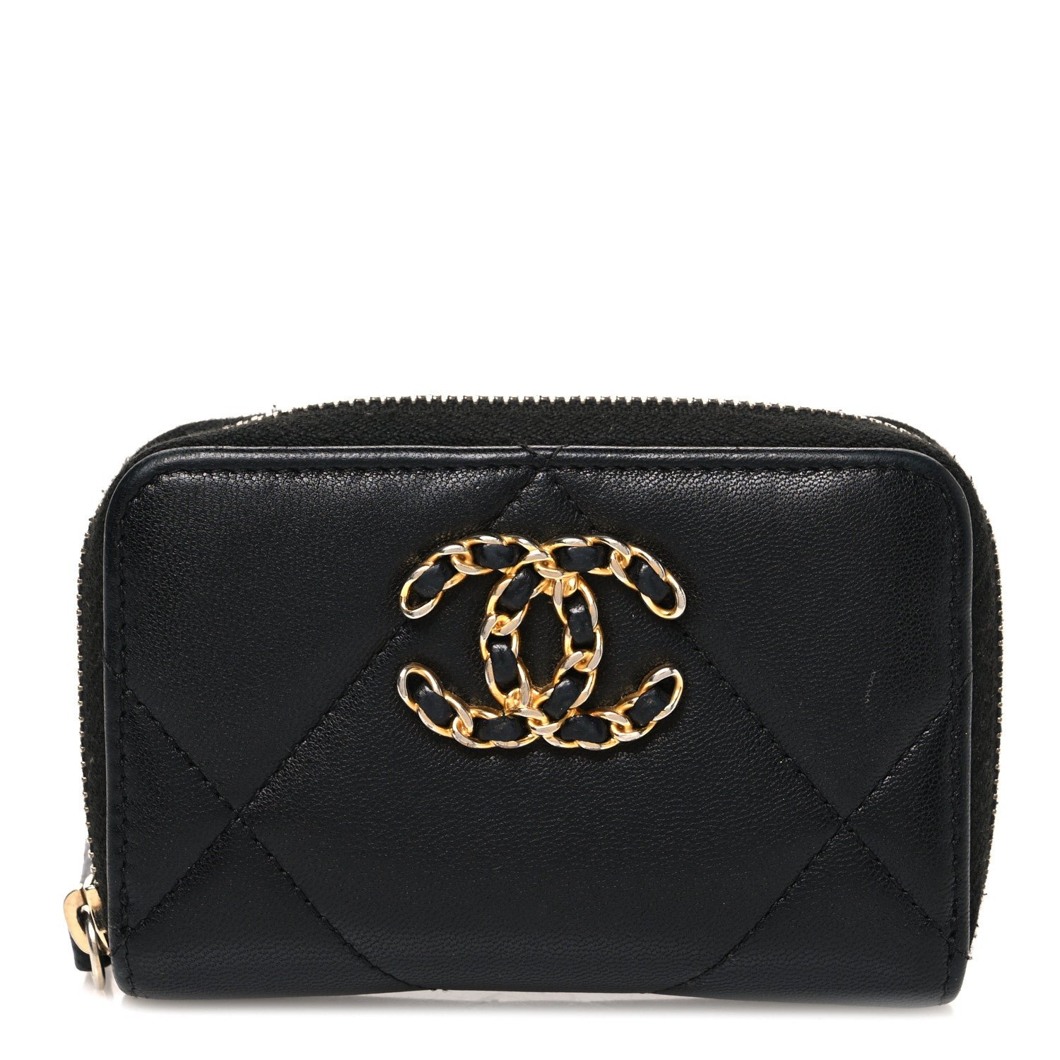 Chanel Lambskin Quilted Chanel 19 Zip Around Coin Purse Wallet Black