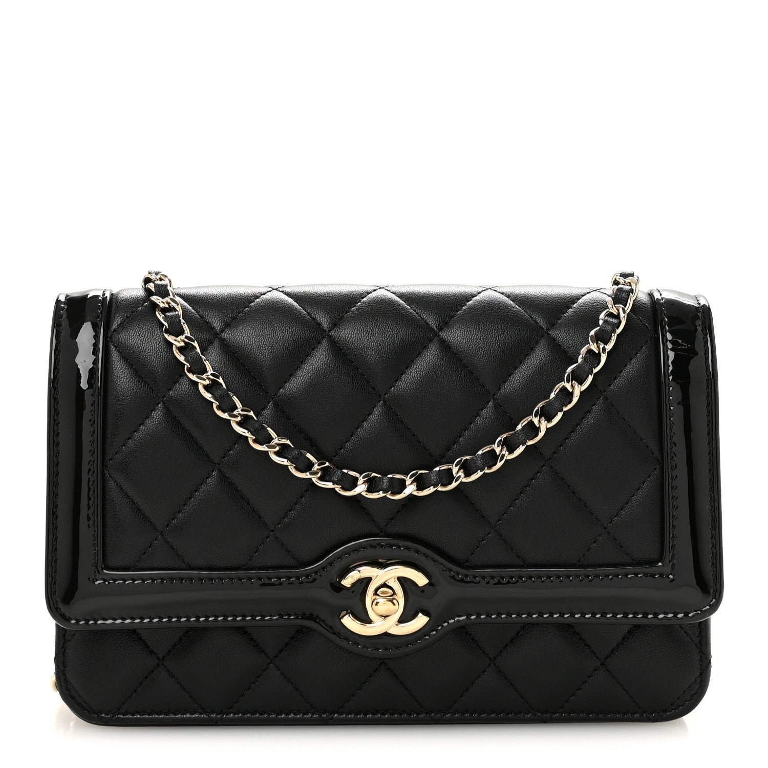 Chanel Chanel Lambskin Patent Calfskin Quilted Hold The Line CC Wallet On Chain WOC Black