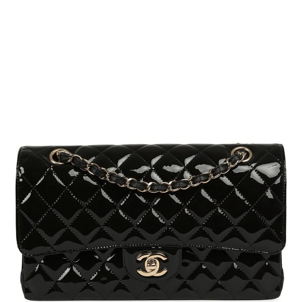 Pre-owned Chanel Medium Classic Double Flap Bag Black Patent Light Gold Hardware
