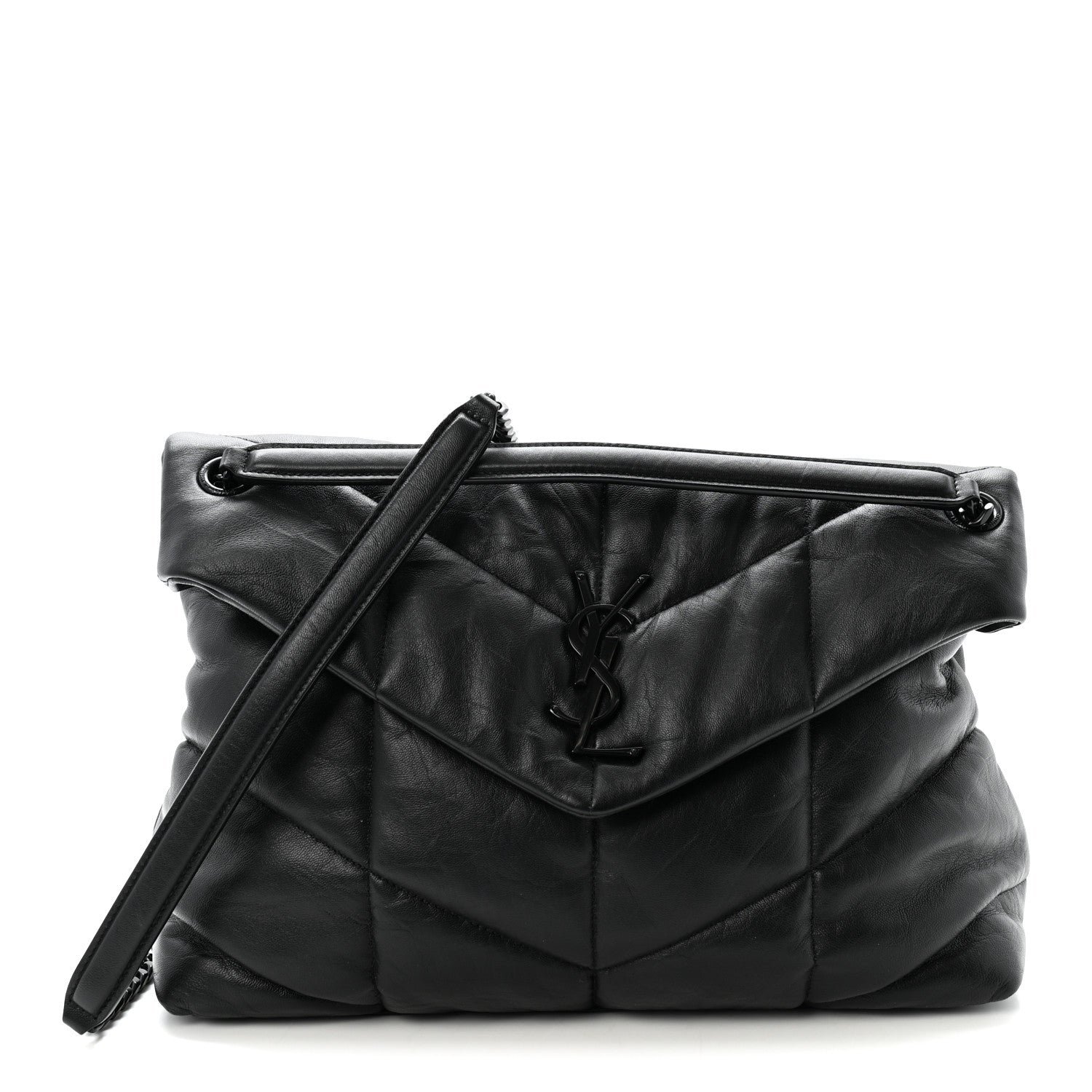 Saint Laurent Lambskin Quilted Monogram Monochrome Medium Loulou Puffer Chain Satchel Black