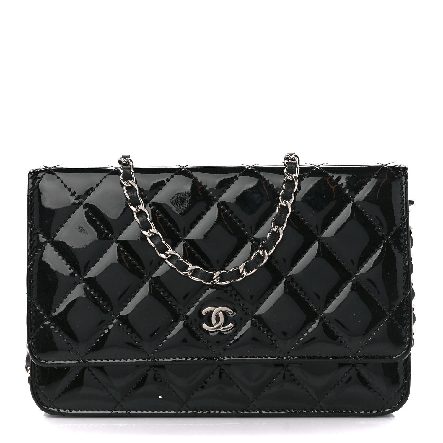 Chanel Patent Quilted Wallet On Chain WOC Black