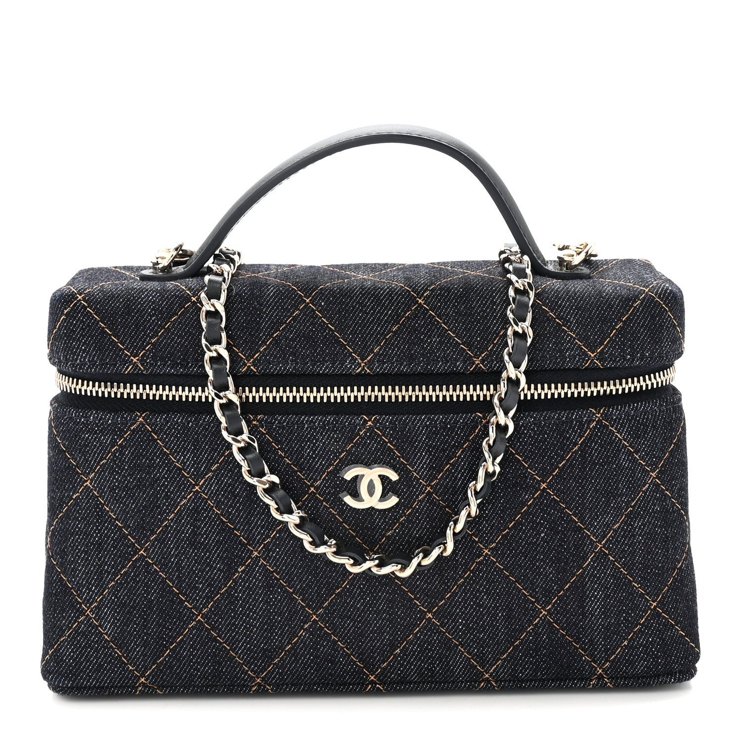 Denim Quilted Top Handle Slim Vanity Case With Chain Dark Blue Orange