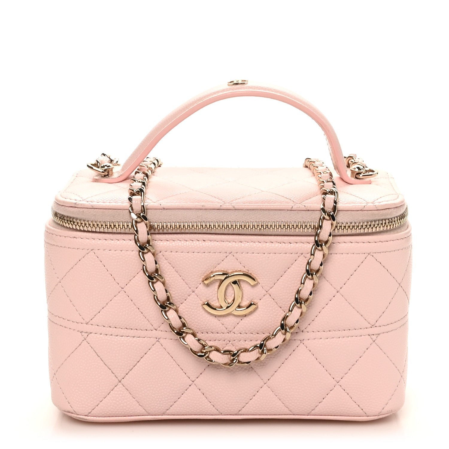 Chanel Caviar Quilted Top Handle Vanity With Chain Light Pink