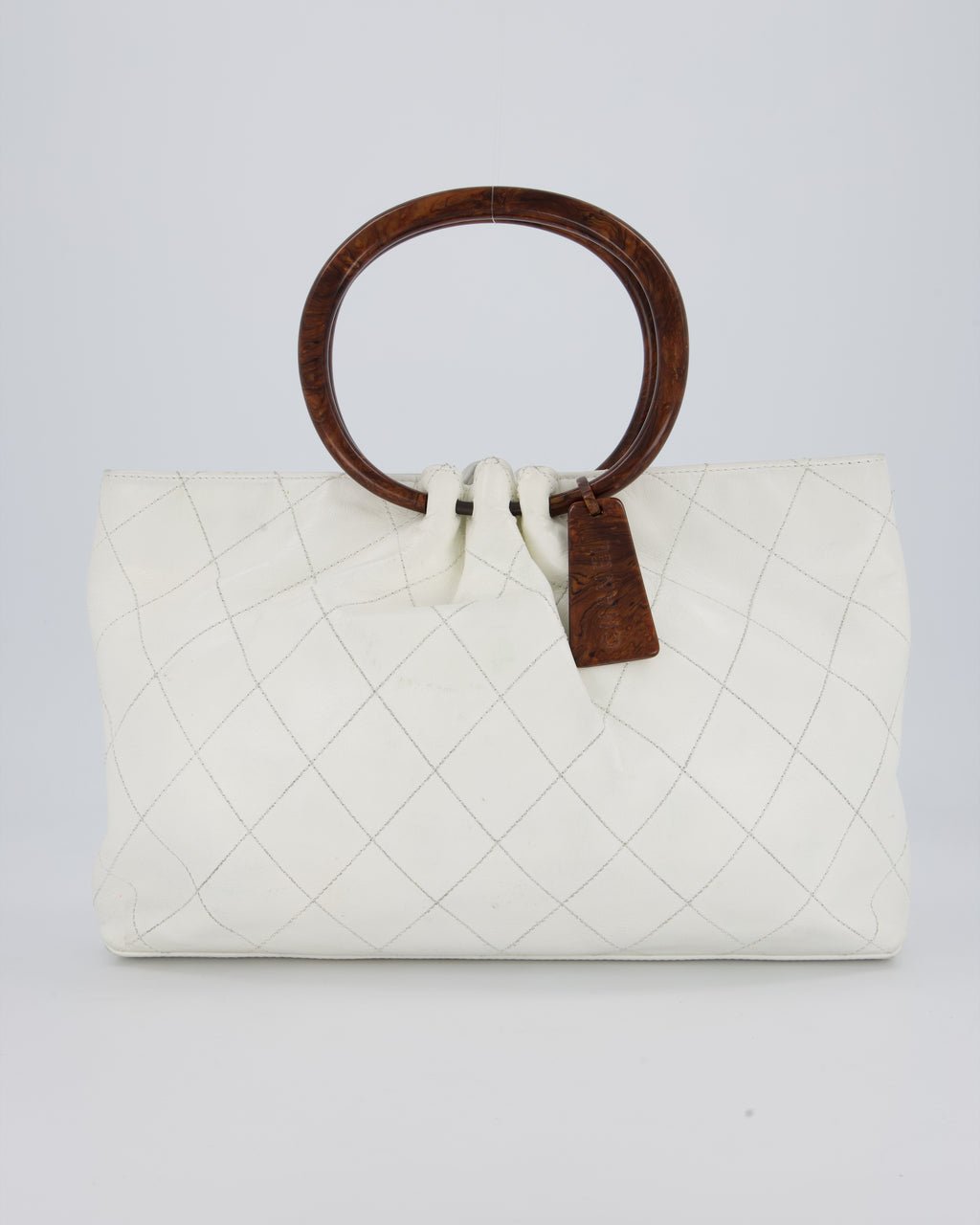 Chanel White Vintage Tote Bag in Quilted Lambskin with Tortoise Effect Resin Handles