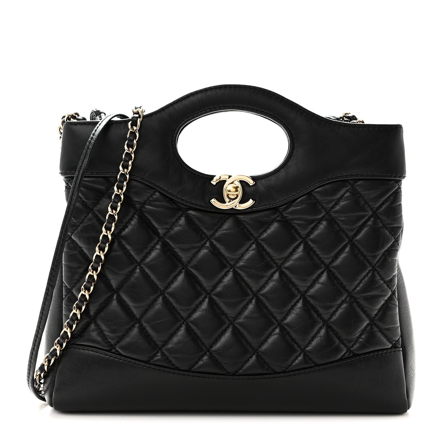 Chanel Shiny Crumpled Calfskin Quilted Mini 31 Shopping Bag Black
