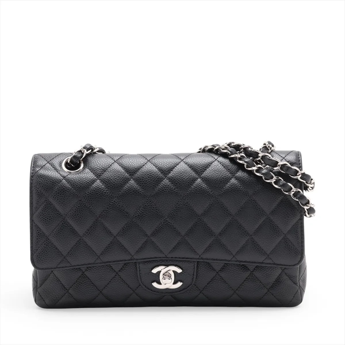 Chanel Matelasse 25 Caviar Skin Double Flap Double Chain Bag Black Silver Metal