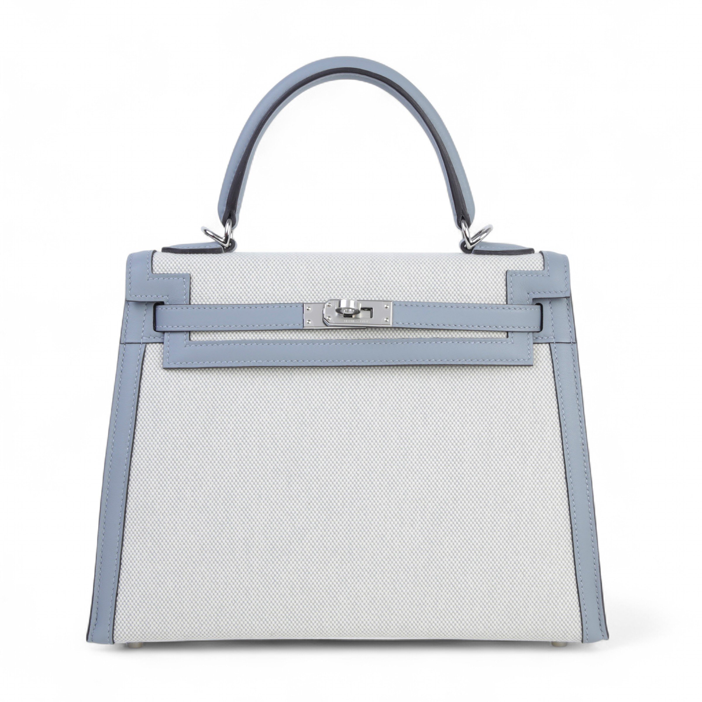 Hermes Brand New ( Rank N ) HERMÈS Kelly 25 Sellier Bleu Glacier (8U) Ecru Swift Toile H canvas Palladium hardware K (2025)