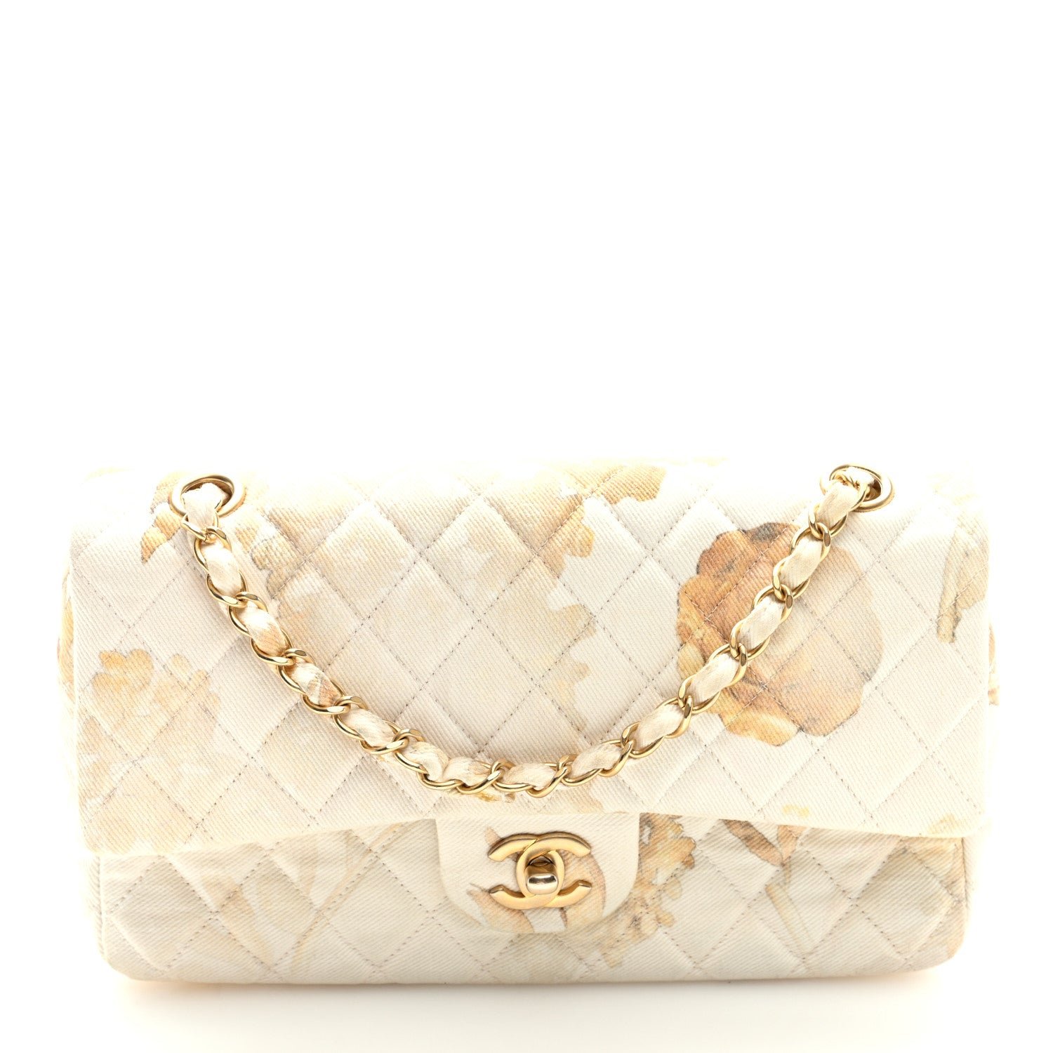 Chanel Denim Floral Printed Medium Double Flap Beige