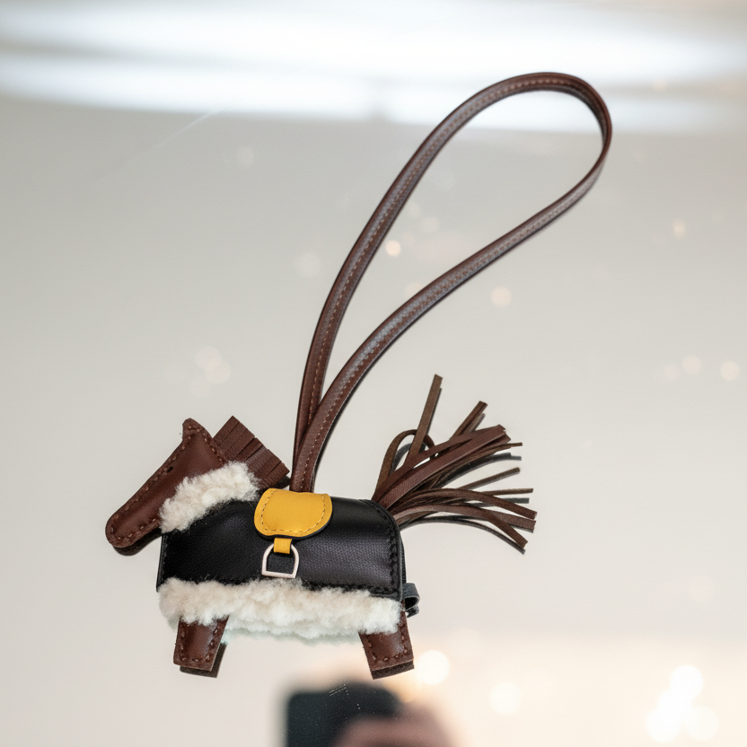 Hermes Hermès Horse Rodeo Plush PM Charm Terre/Sesame/Noir Lambskin Ecru Merino Wool Gold Hardware