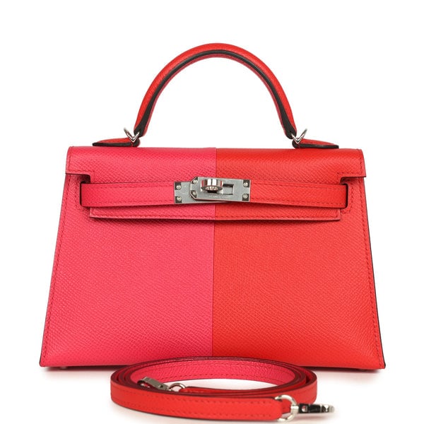 Hermes Pre-owned Hermes Casaque Kelly Sellier 20 Rouge de Coeur and Rose Extreme Epsom Palladium Hardware
