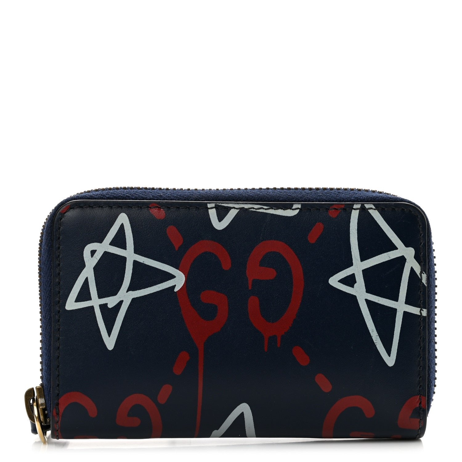 Gucci Calfskin GucciGhost Zip Around Card Case Blue Agata Hibiscus Red