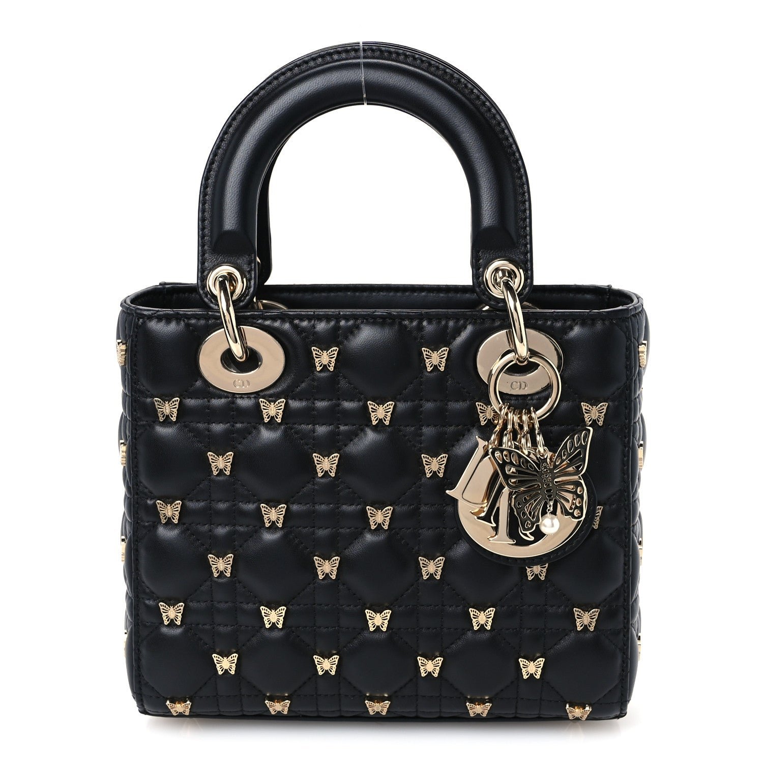 Christian Dior Lambskin Cannage Butterfly Studs Small Lady Dior Black
