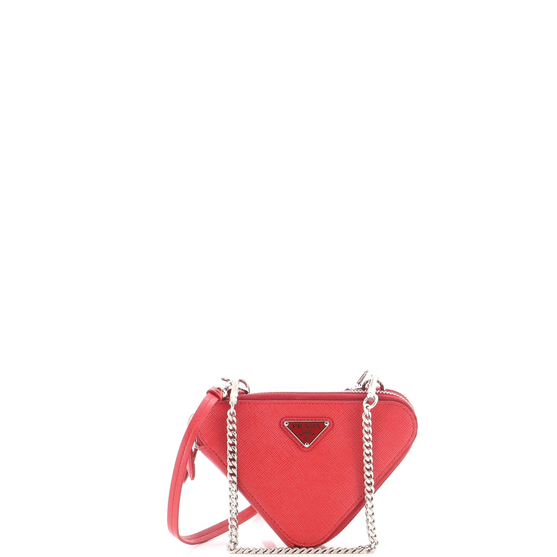Triangle Double Zip Pouch Bag with Chain Saffiano Leather Mini