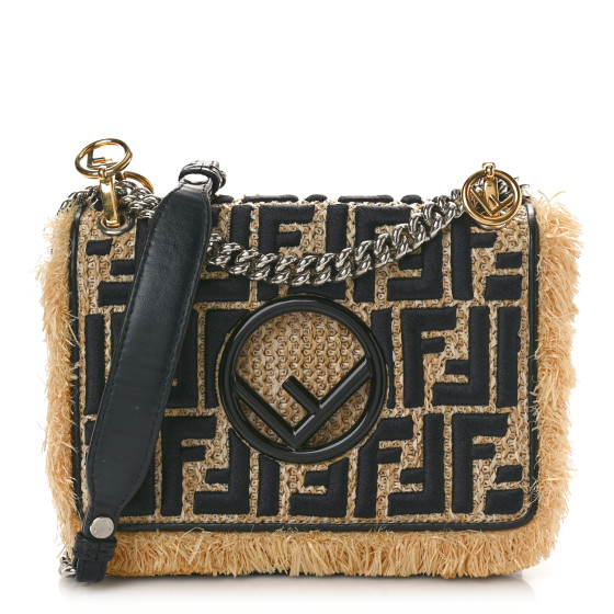 Fendi Raffia Vitello Century F is Fendi FF Embroidered Fringe Small Kan I Shoulder Bag Natural Black