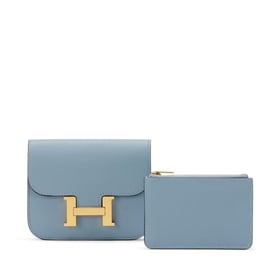 Hermes Bleu Lin Evercolor Constance Slim Wallet Gold Hardware, 2022