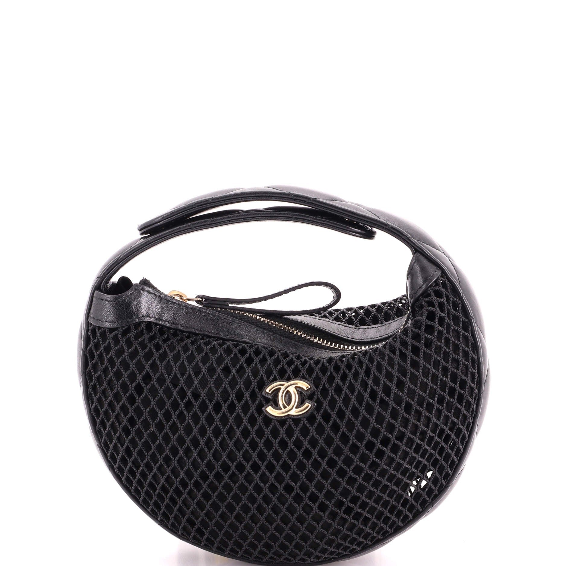 CC Hobo Pouch Bag Mesh with Quilted Leather
