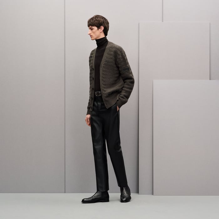 Taupe "Tressage Cuir" Buttoned Cardigan