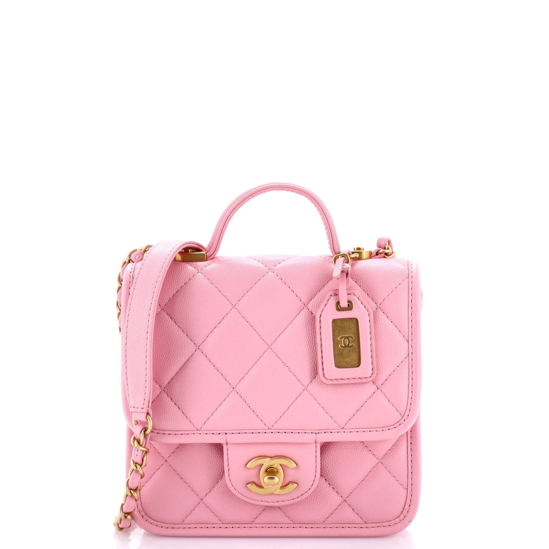 Chanel School Memory Top Handle Flap Bag Quilted Caviar Mini