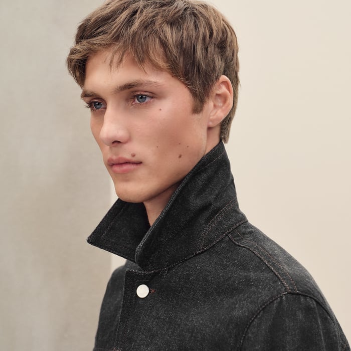 Noir Straight Cut Jacket With Leather Detail