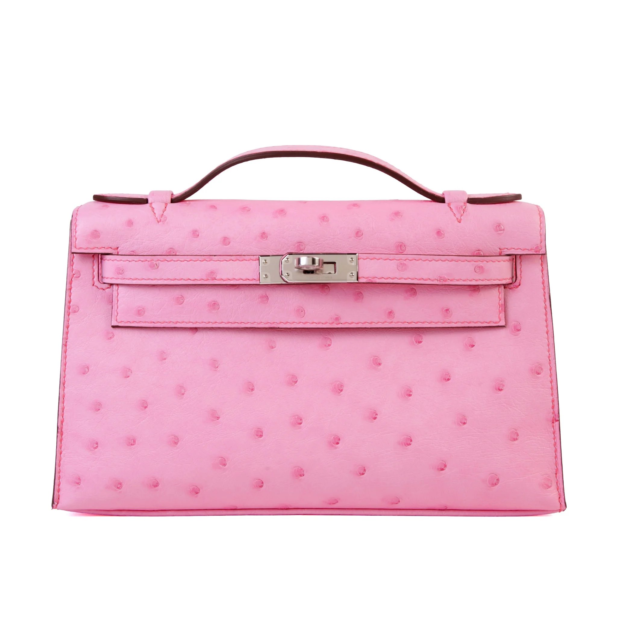 Brand New ( Rank N ) HERMÈS Kelly Pochette Rose Bubblegum (L4) Ostrich Palladium hardware G (2026)