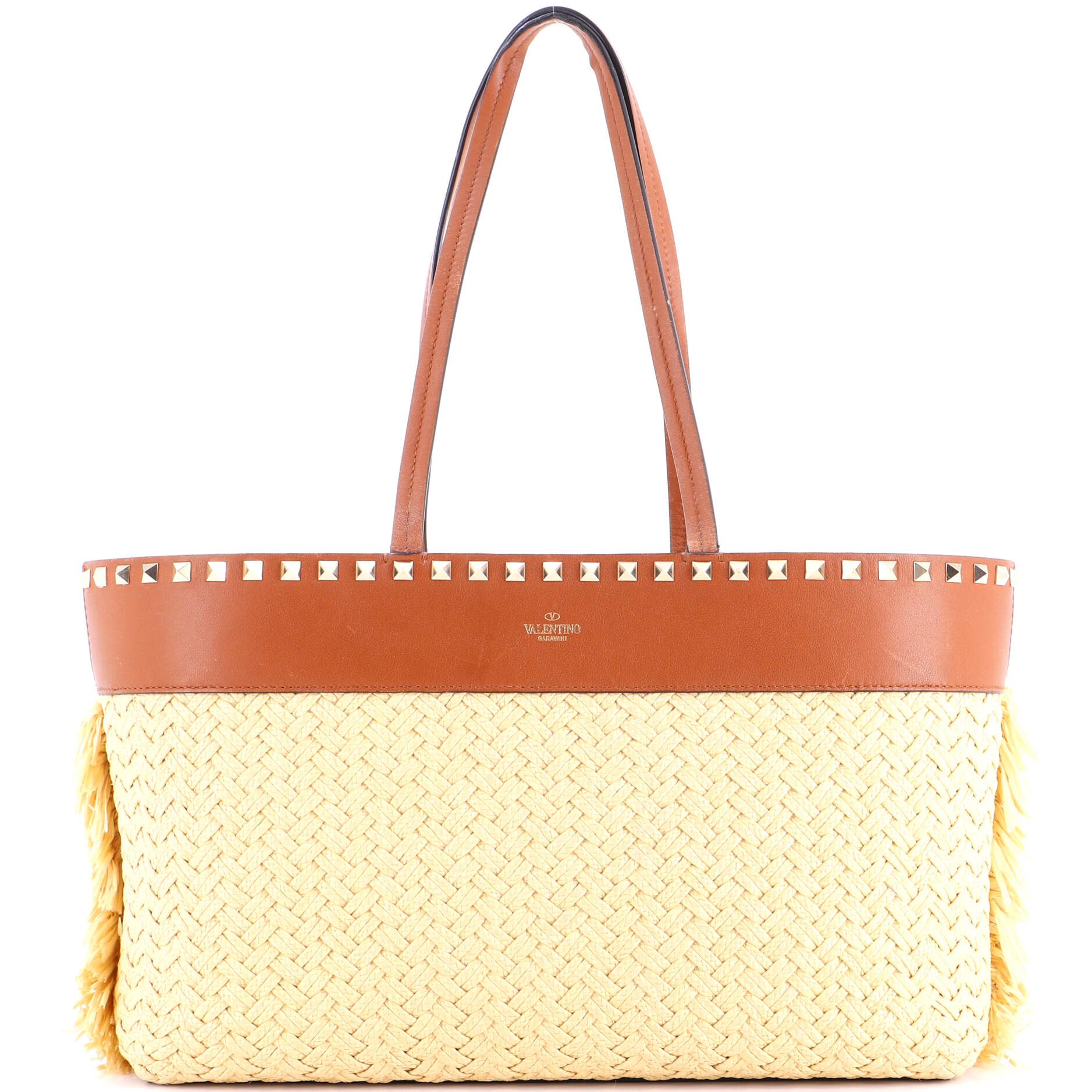 Valentino Garavani Rockstud Shopping Tote Raffia with Leather Large