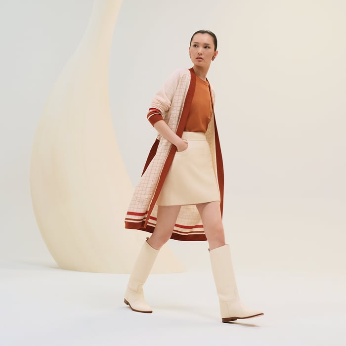 Beige Kaolin "Coaching Deja Vu Finesse" Long-sleeve Twillaine Cardigan