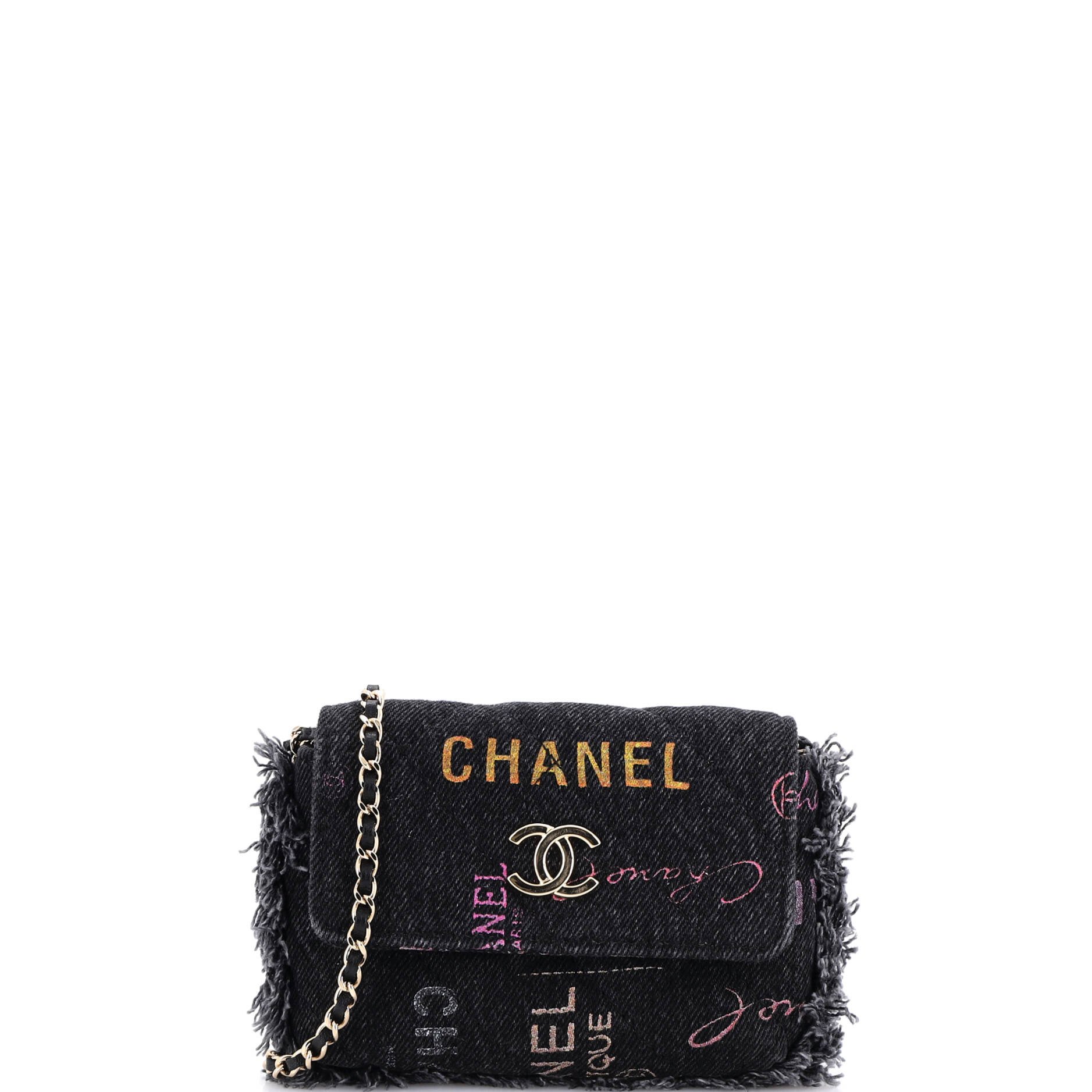 Denim Mood Flap Clutch with Chain Logo Printed Quilted Fringe Denim