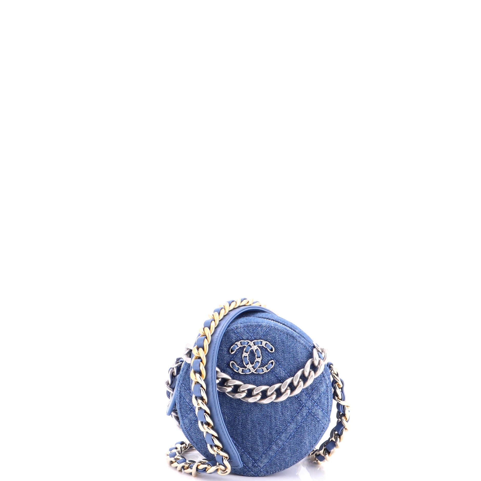 19 Round Clutch with Chain Quilted Denim