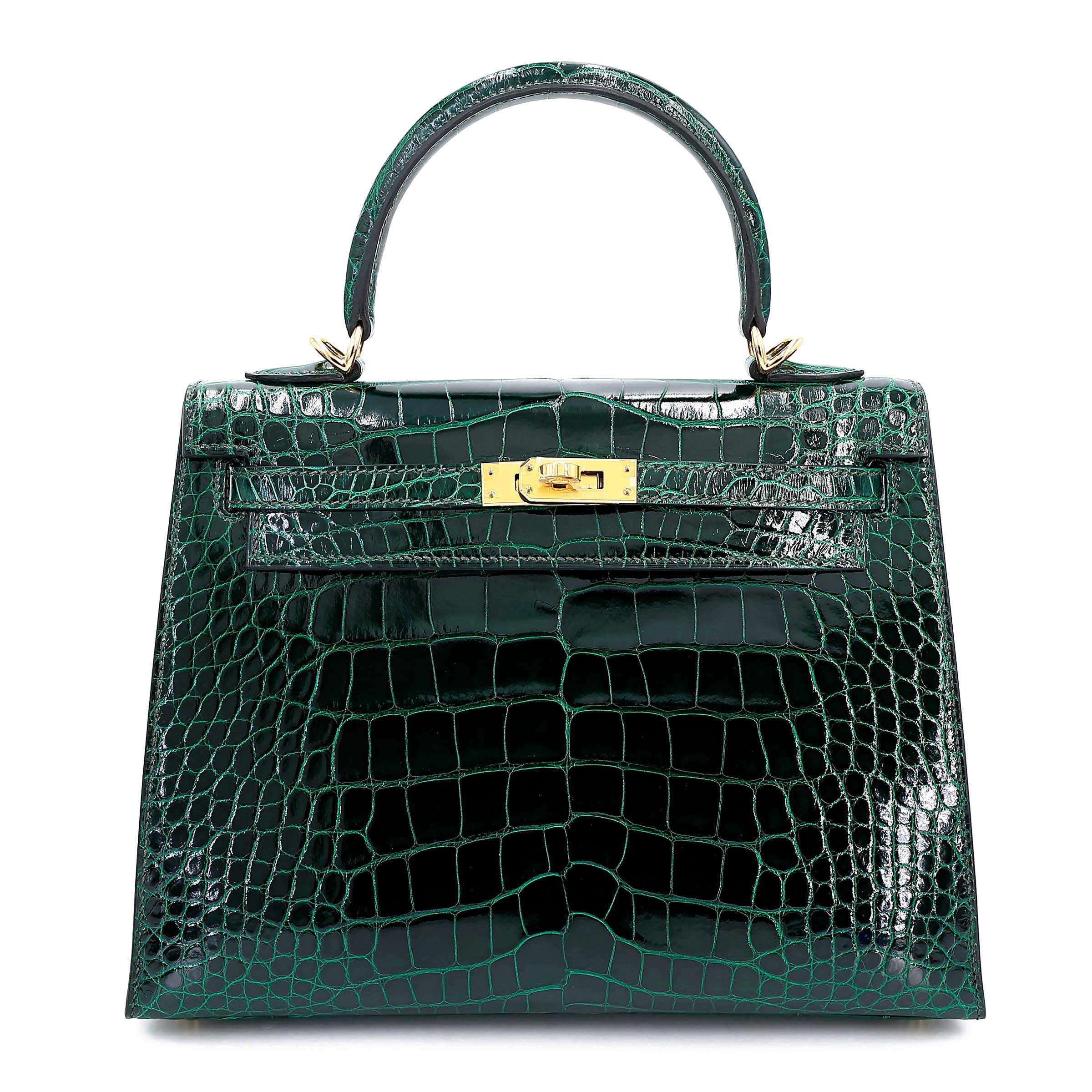 Unused ( Rank NS ) HERMÈS Kelly 25 Sellier Vert Fonce (67) Shiny Alligator Gold hardware B (2023)